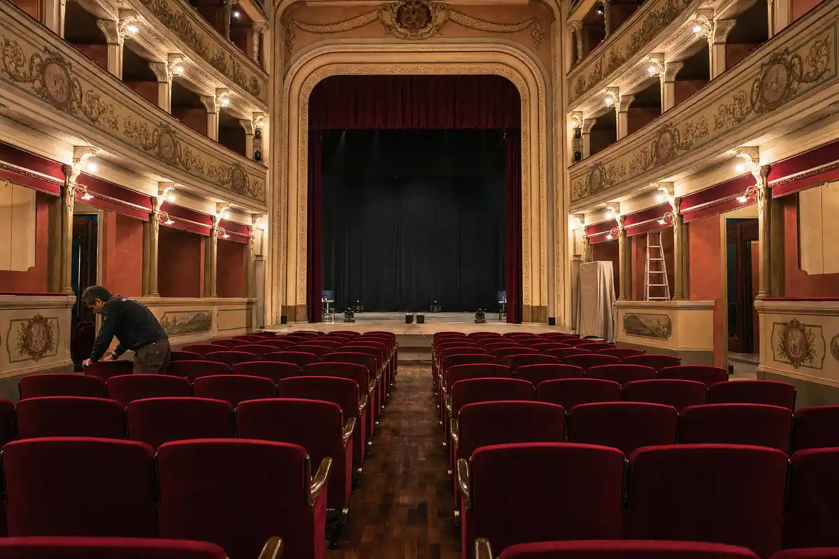 Sala di un teatro storico con poltrone in velluto rosso, palchi decorati e tecnico al lavoro vicino alla platea