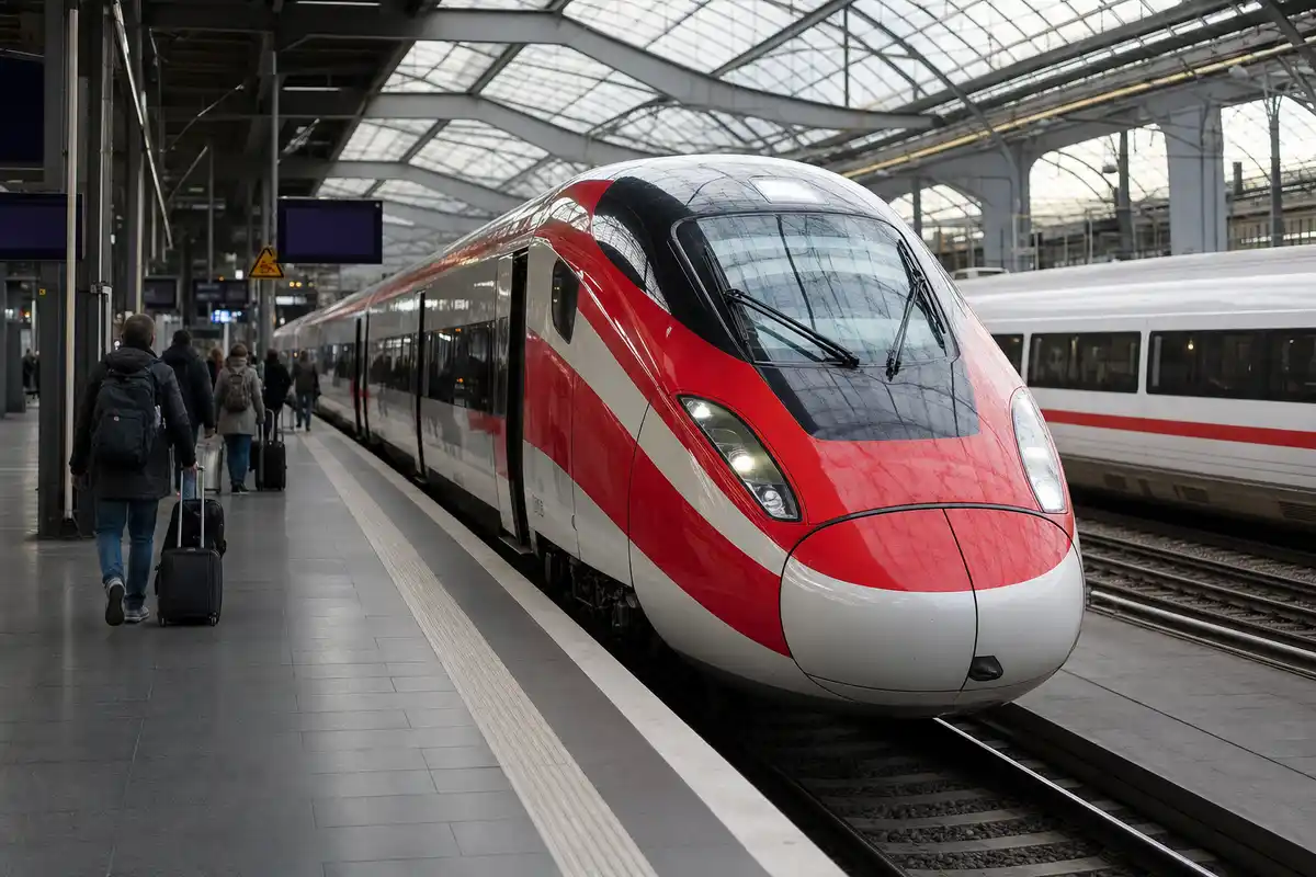 Treno ad alta velocità rosso e bianco fermo in una grande stazione tedesca, con passeggeri in banchina