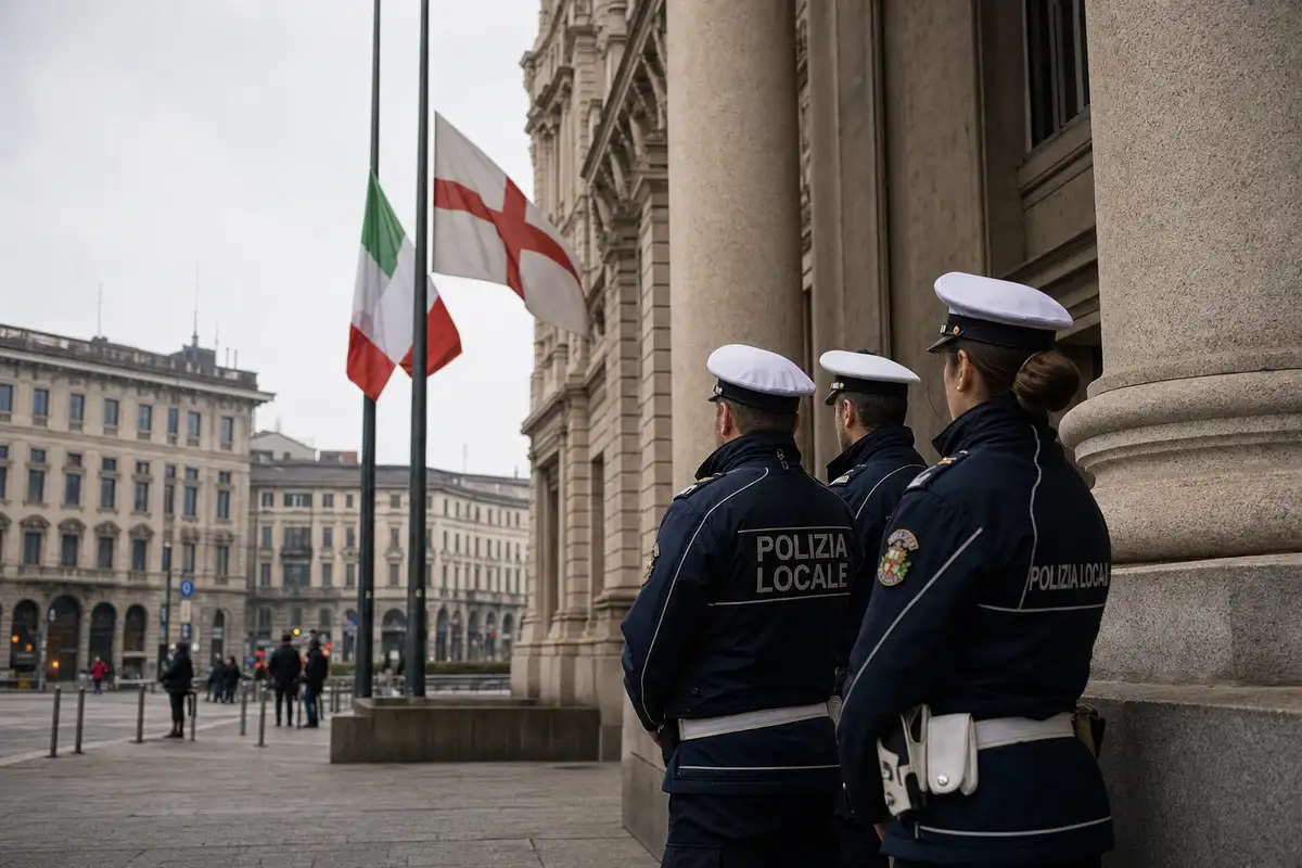 Agenti della polizia locale davanti a un edificio pubblico con bandiere a mezz’asta in una piazza di Milano