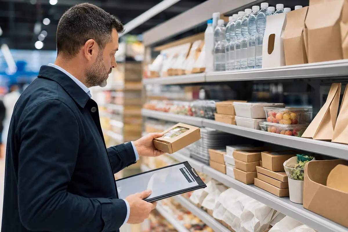 Tecnico controlla confezioni alimentari e bottiglie d’acqua su uno scaffale di supermercato con clipboard in mano