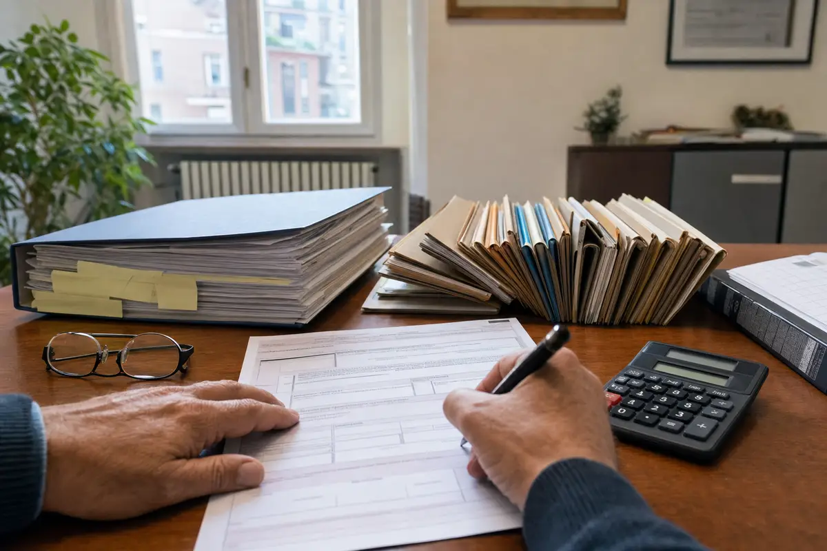 Mano che firma un modulo fiscale su una scrivania con calcolatrice, occhiali e fascicoli di documenti