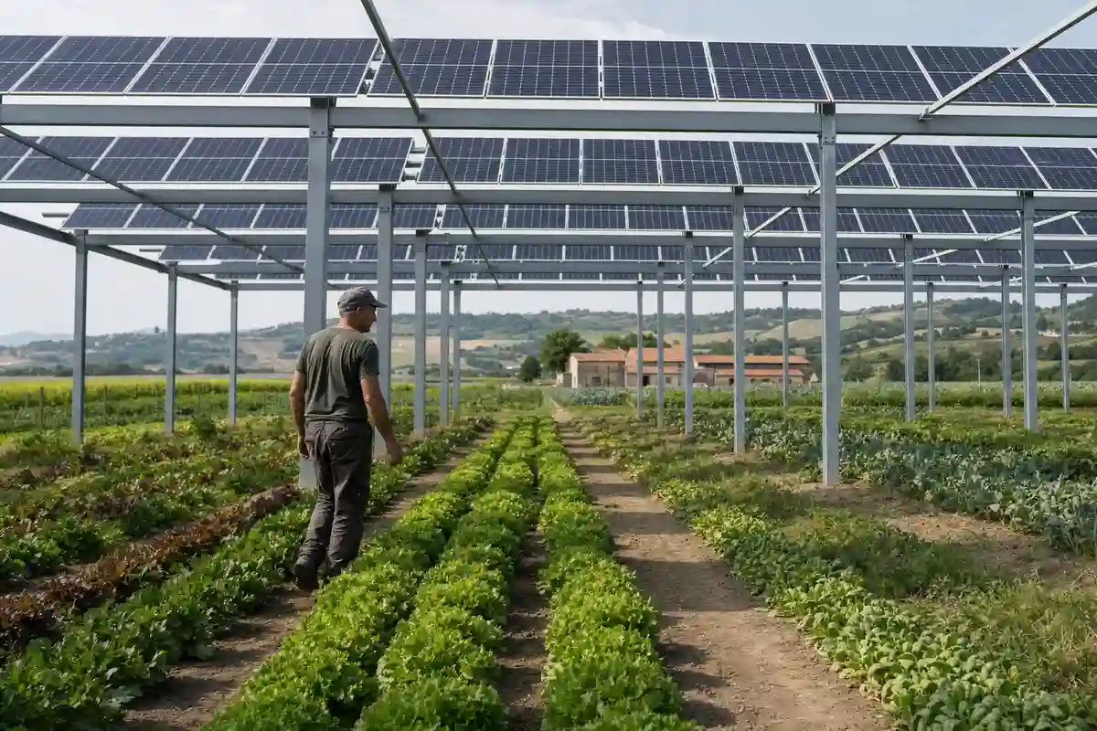 Agricoltore tra filari di ortaggi sotto pannelli solari agrivoltaici rialzati, con cascina e colline sullo sfondo