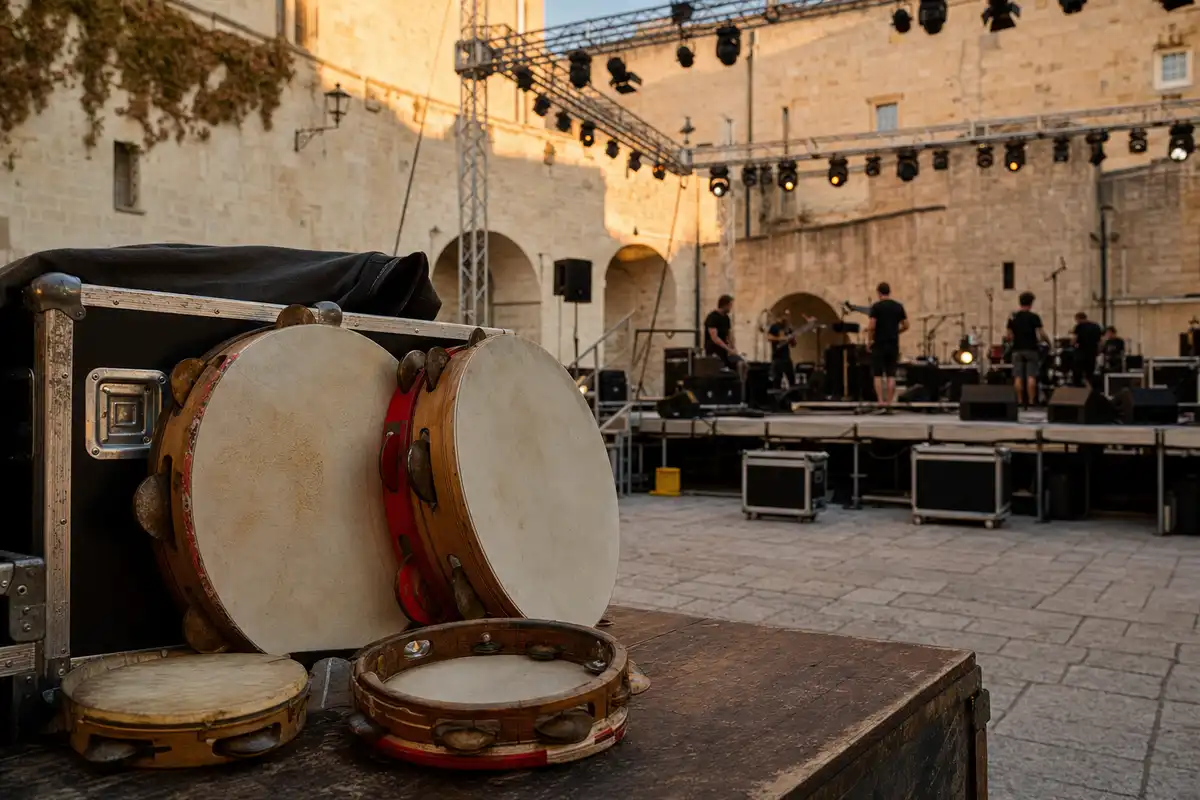 Tamburelli appoggiati su una cassa, con palco e tecnici al lavoro in un cortile in pietra al tramonto