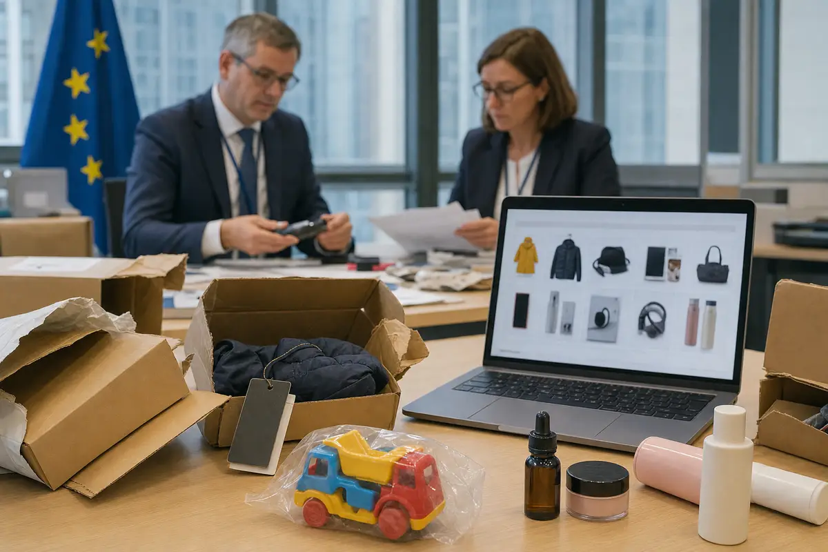 Pacchi aperti e prodotti su una scrivania con laptop, funzionari sullo sfondo e bandiera Ue in ufficio