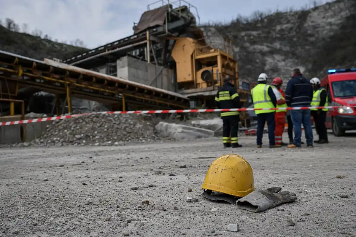 Casco giallo e guanti da lavoro a terra in un’area industriale transennata, con soccorritori e macchinari sullo sfondo