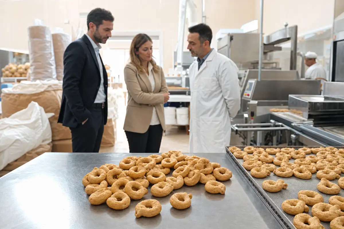 Taralli appena sfornati su tavolo in acciaio in uno stabilimento, con professionisti e un responsabile in camice sullo sfondo