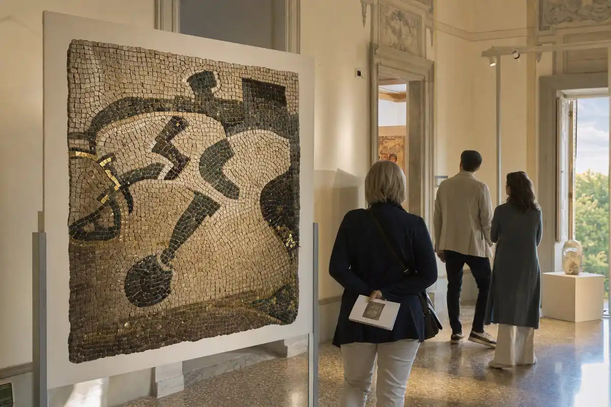 Grande pannello a mosaico esposto in una sala di villa storica, con tre visitatori che lo osservano