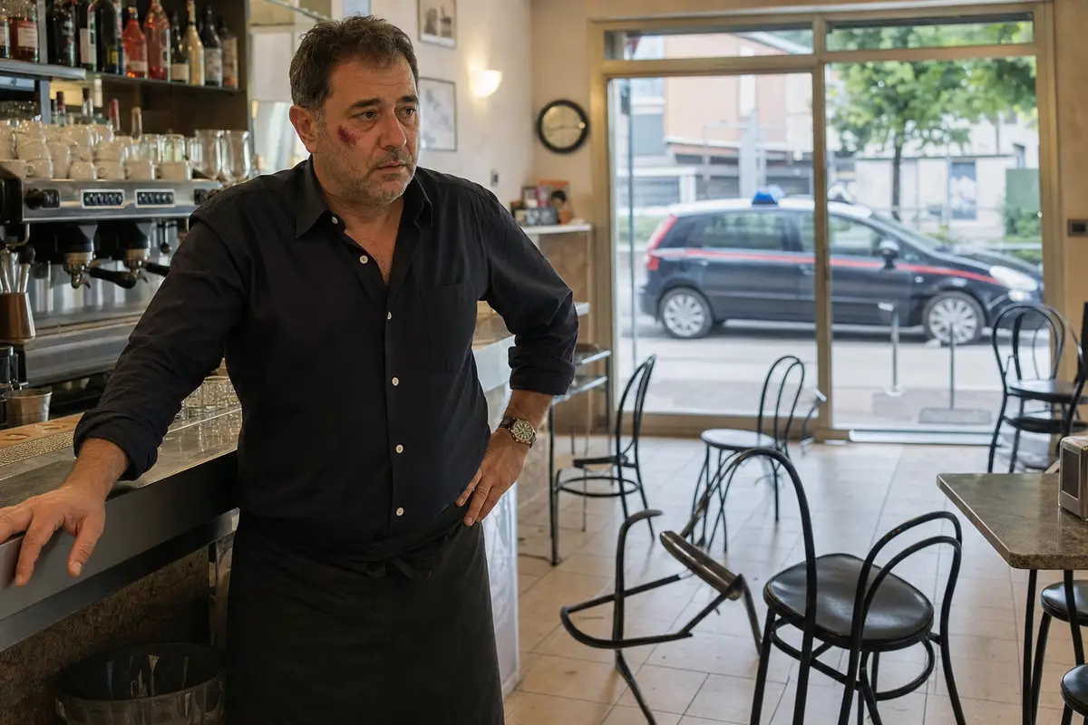 Barista con livido sul viso in un piccolo bar, sedie rovesciate e auto dei carabinieri visibile fuori dalla vetrina