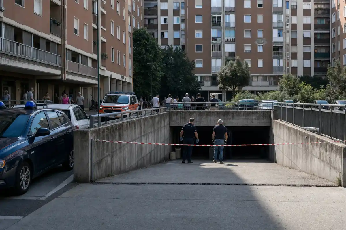 Rampa dei garage condominiali transennata con nastro, con due agenti e residenti in un cortile di palazzi