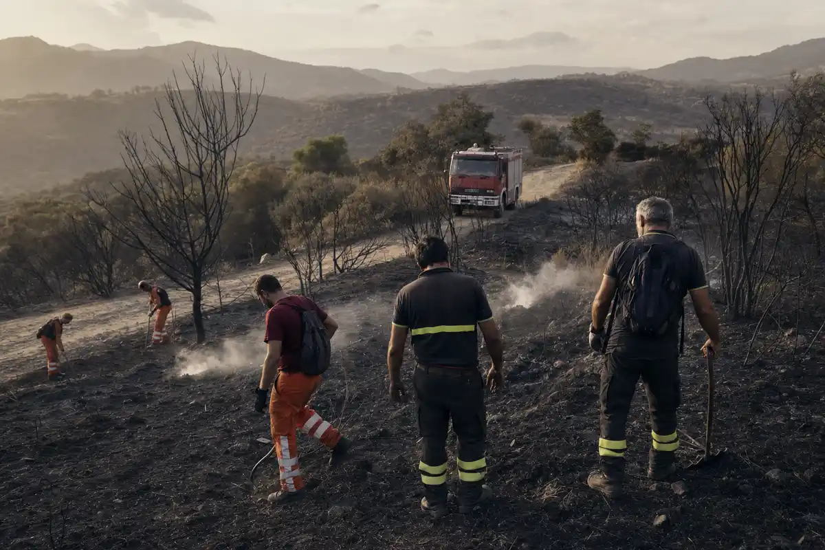 Squadre antincendio su un versante bruciato con fumo residuo e un camion dei pompieri su una strada sterrata