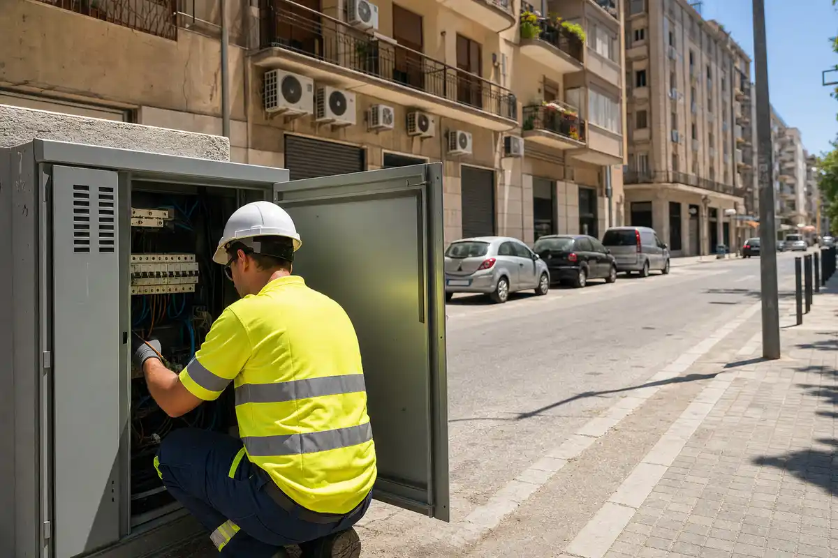 Tecnico in alta visibilità controlla un armadio elettrico aperto in una strada cittadina sotto il sole estivo