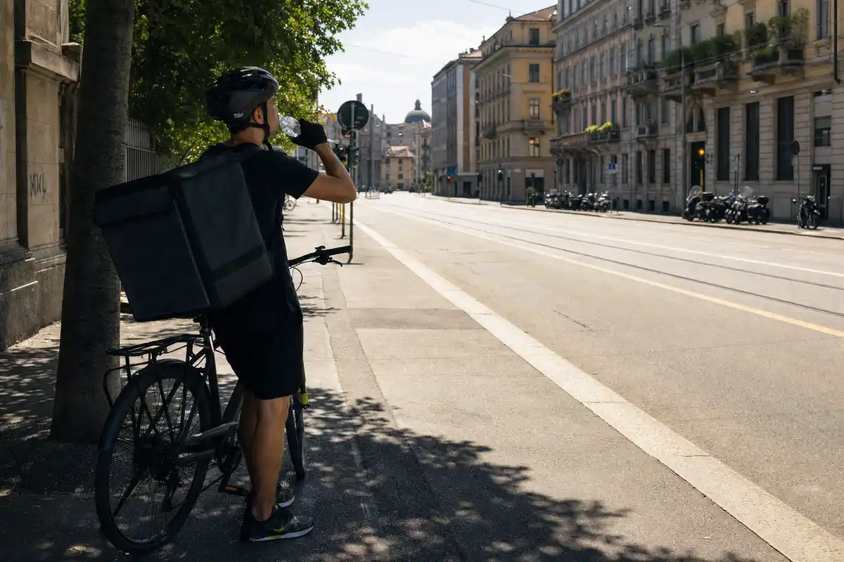 Rider in bicicletta beve acqua all’ombra lungo una strada assolata con binari del tram e palazzi cittadini