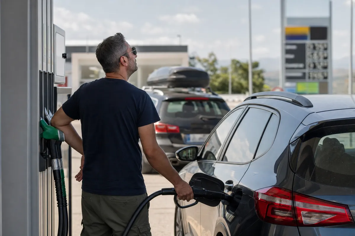 Automobilista fa rifornimento a un distributore in autostrada, con un’auto in coda sullo sfondo