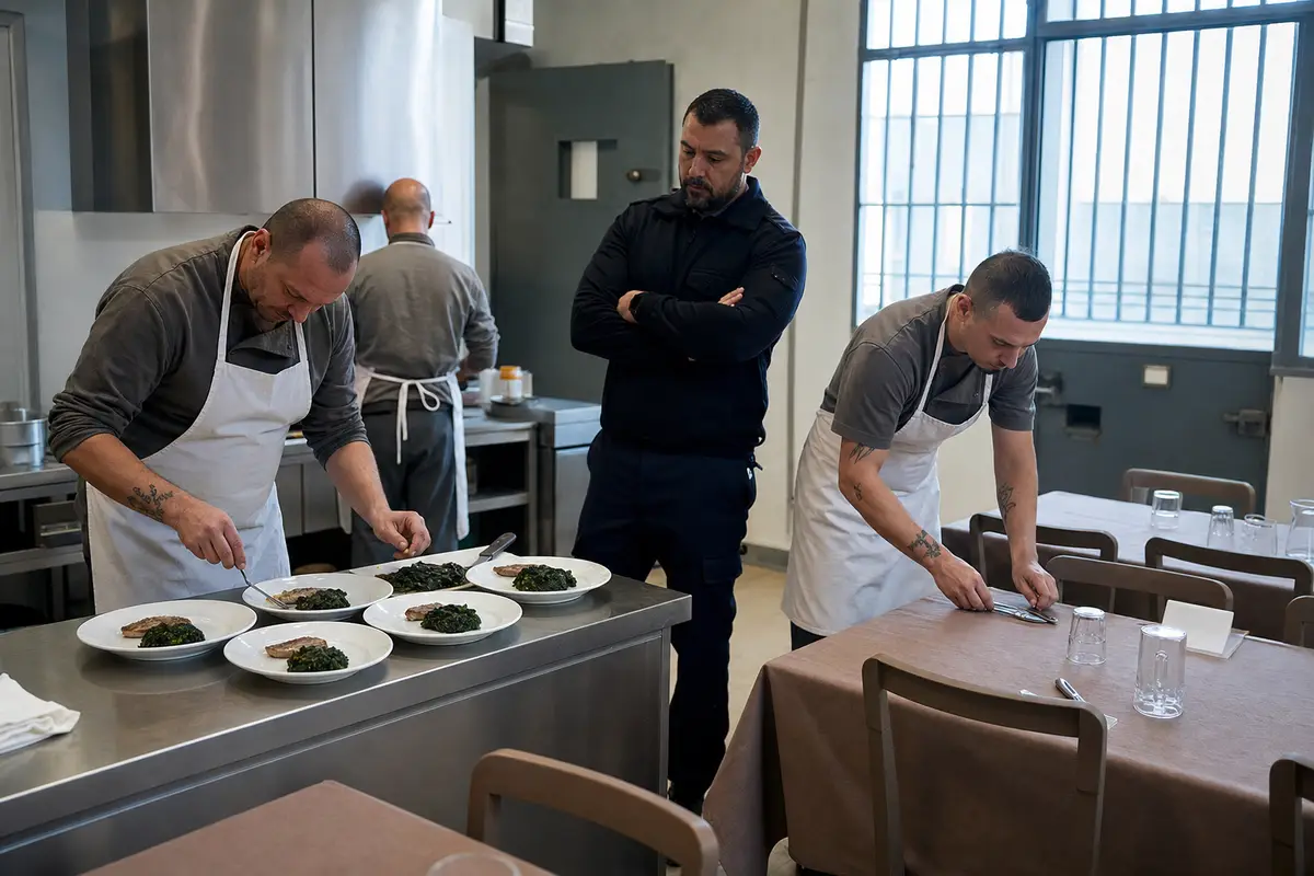 Detenuti in grembiule preparano piatti e apparecchiano tavoli in una cucina interna con finestre sbarrate