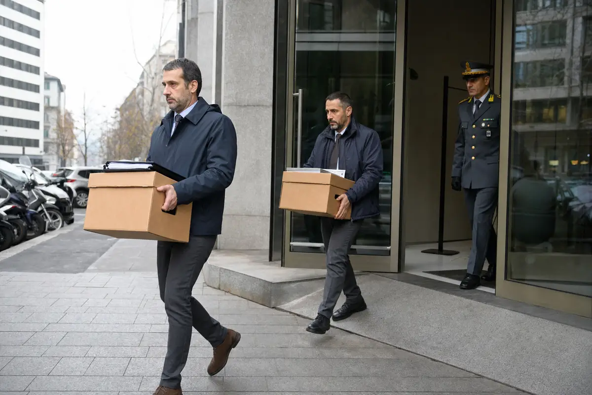 Due uomini con scatole e fascicoli escono da un edificio per uffici, mentre un ufficiale in divisa resta all’ingresso