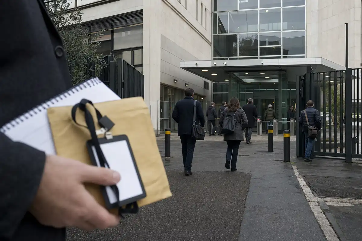 Ingresso di un grande edificio istituzionale con persone che entrano; in primo piano taccuino, badge e busta sigillata