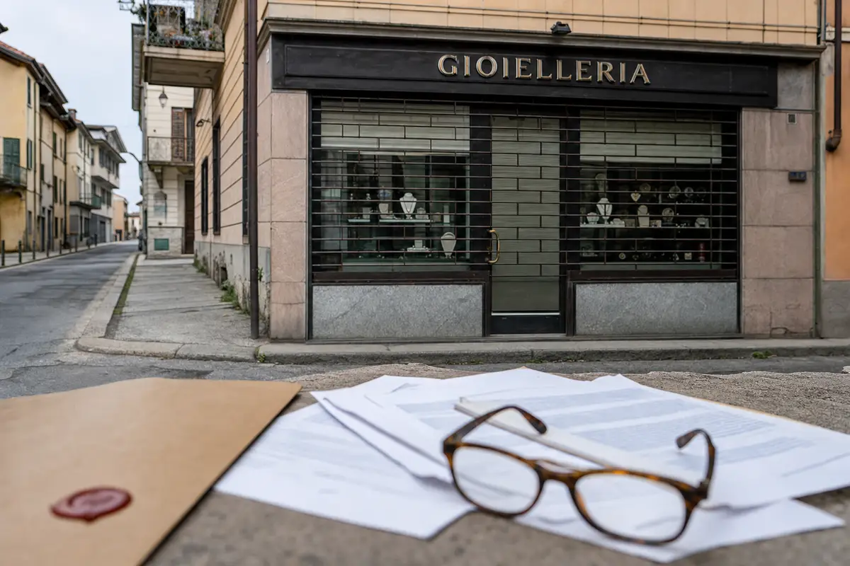 Documenti legali e occhiali in primo piano davanti a una gioielleria chiusa su una strada di paese