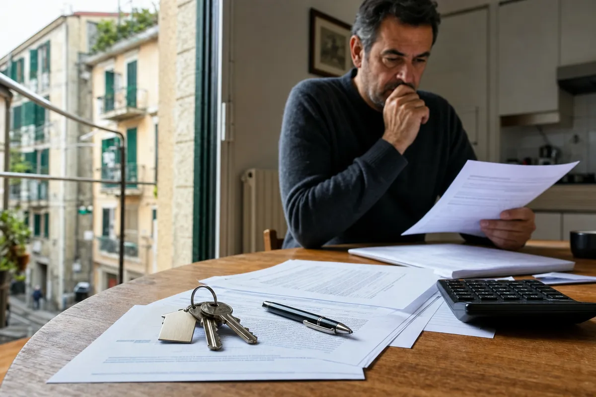 Chiavi di casa su documenti e calcolatrice, con un uomo che controlla carte al tavolo vicino a una finestra