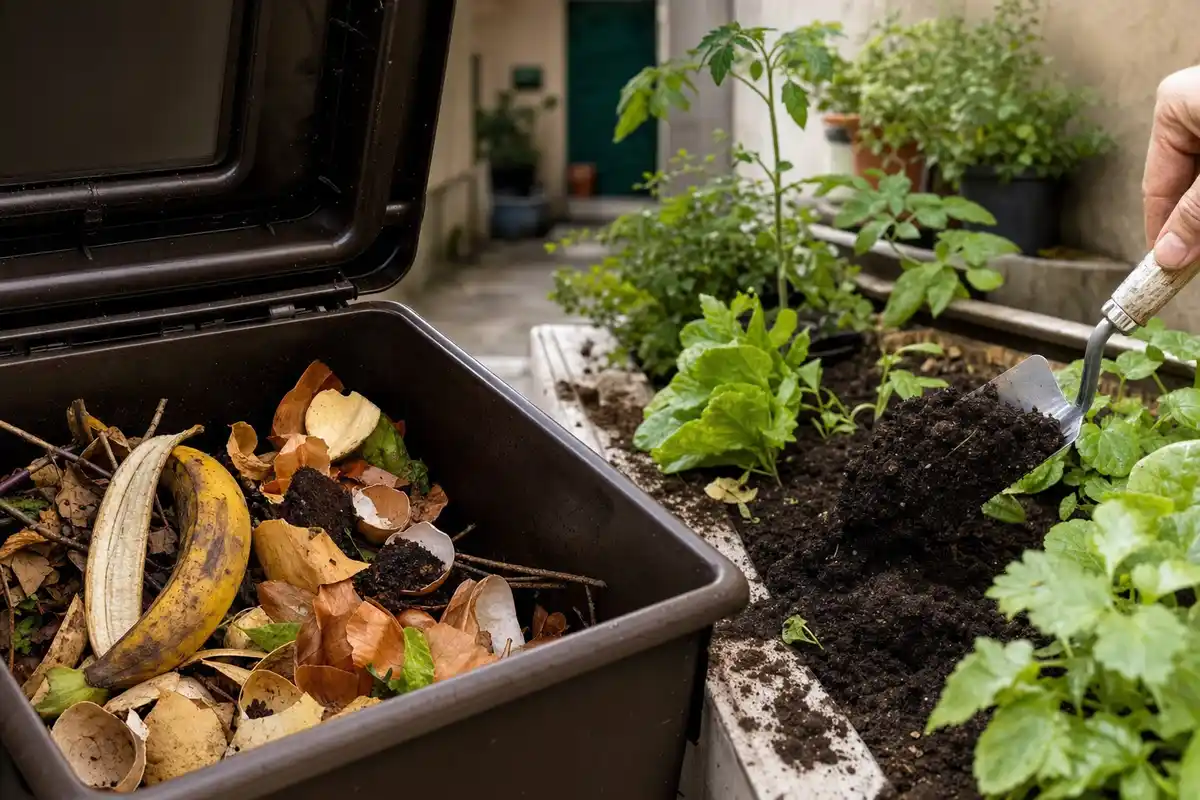 Compostiera aperta con buccia di banana e gusci d’uovo, mentre una paletta sparge compost scuro vicino a giovani piante
