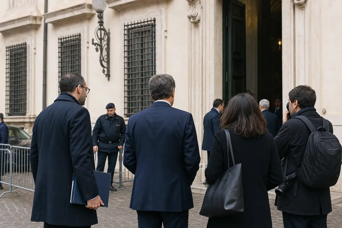 Funzionari e giornalisti davanti all’ingresso di un palazzo istituzionale, con cartella e fotocamera