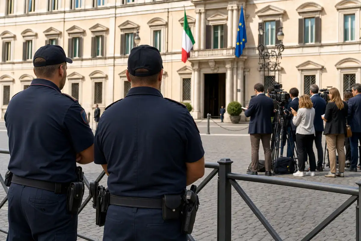Due poliziotti in divisa di spalle davanti a un palazzo istituzionale con bandiere italiana e UE, giornalisti sullo sfondo