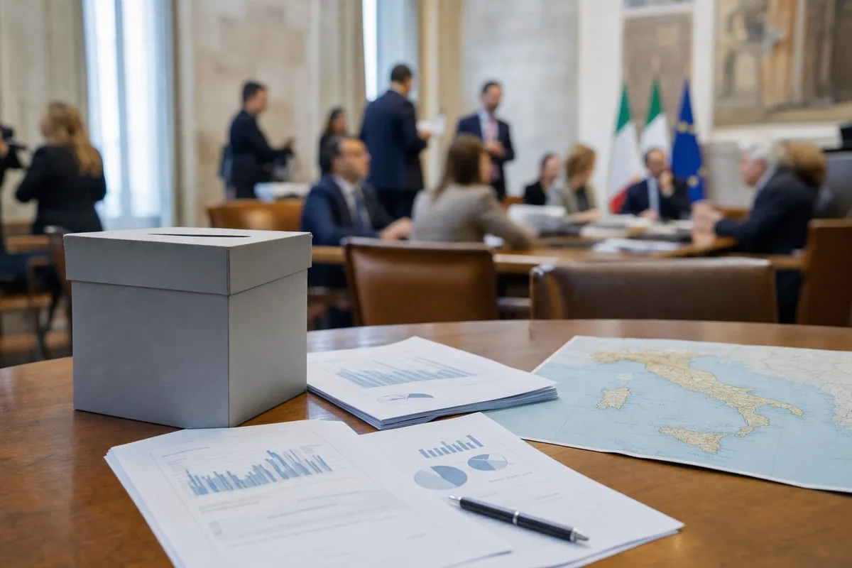 Urna grigia su tavolo con documenti di sondaggi, penna e mappa dell’Italia in una sala istituzionale sfocata