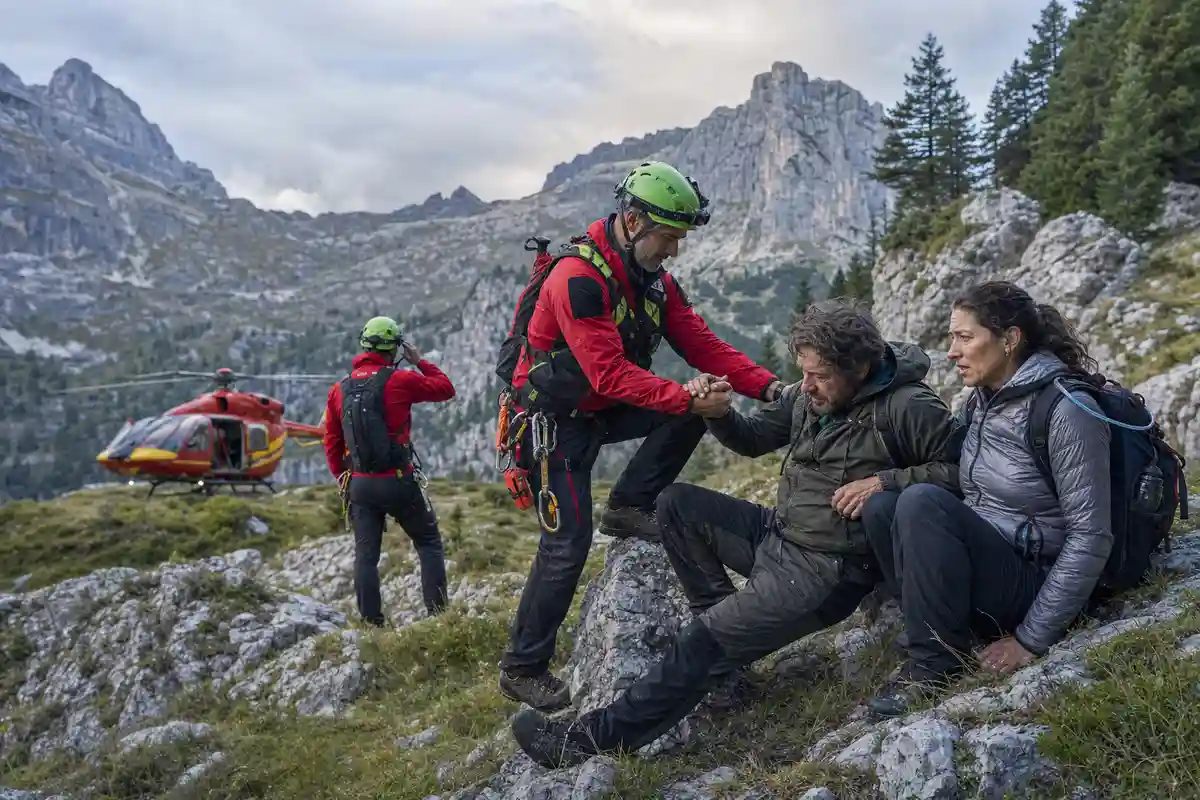 Soccorritore aiuta due escursionisti stanchi su rocce alpine, con elicottero di soccorso sullo sfondo