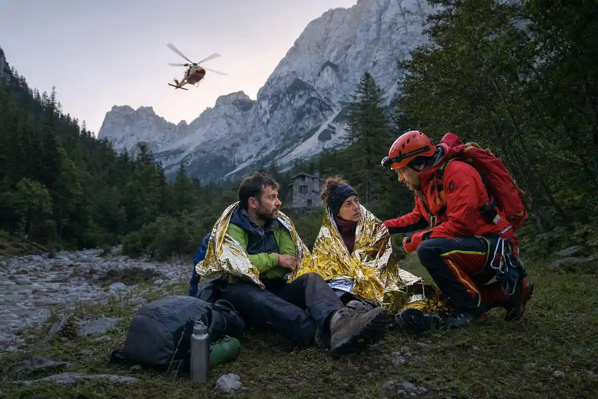 Due escursionisti avvolti in coperte termiche vicino a un torrente, assistiti da un soccorritore con elicottero sullo sfondo