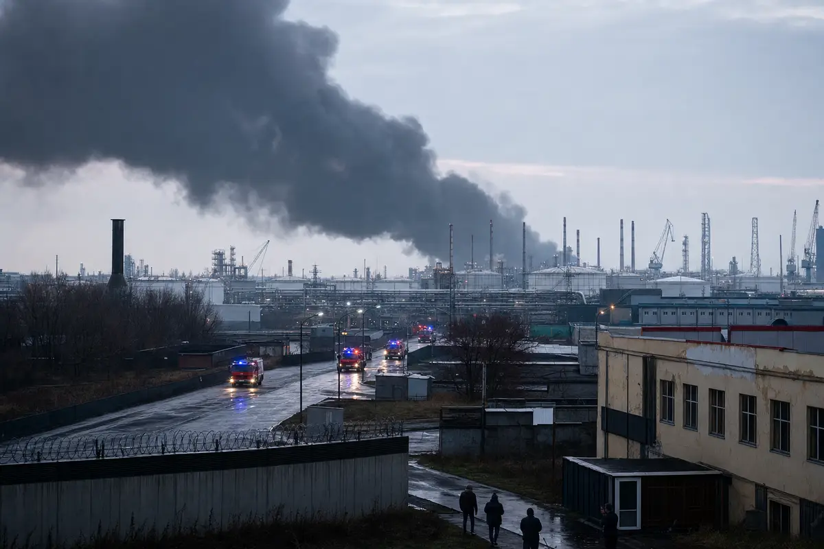Colonna di fumo nero su un’area industriale portuale con serbatoi e gru, mentre mezzi di soccorso percorrono una strada