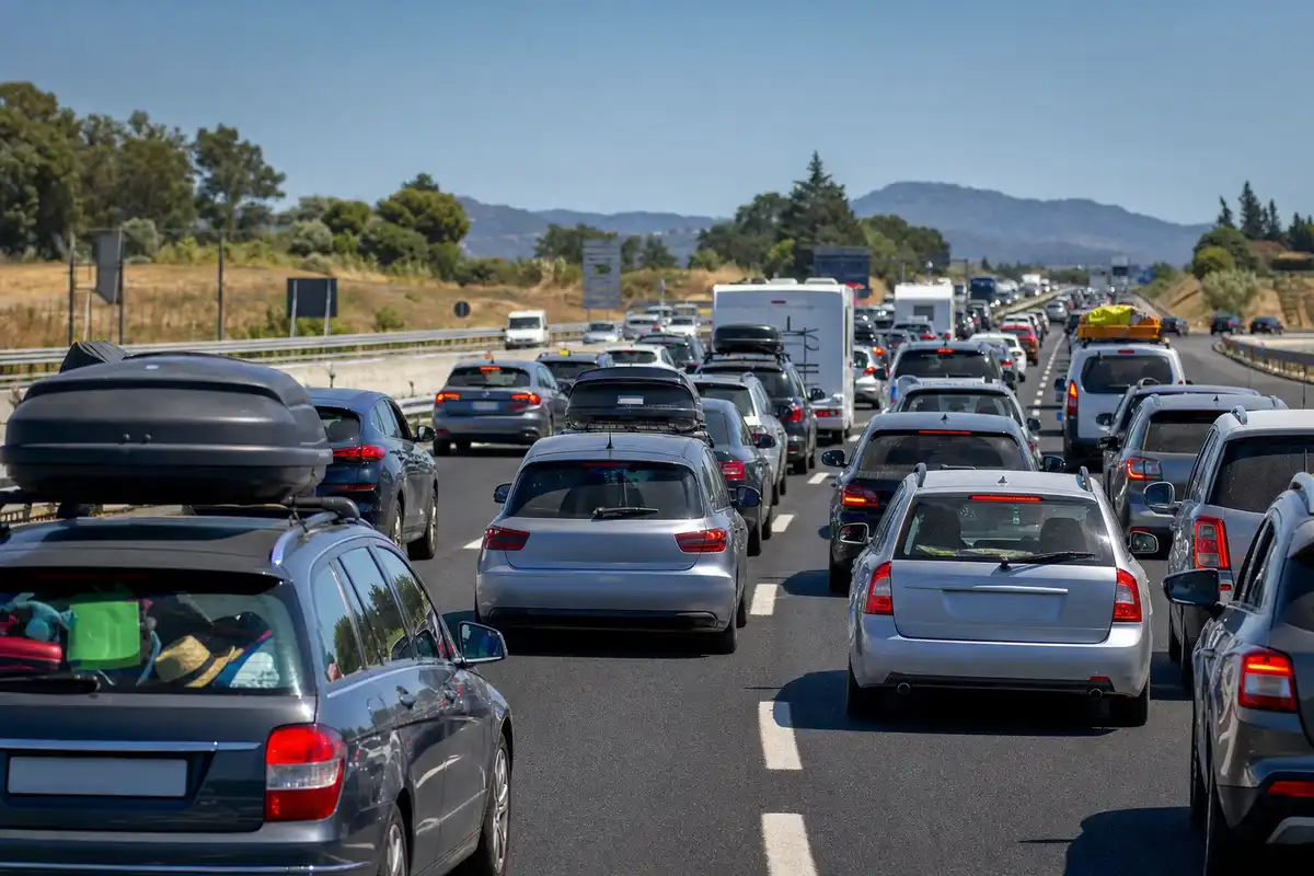 Coda di auto in autostrada sotto il sole estivo, con portapacchi e box da tetto per le vacanze