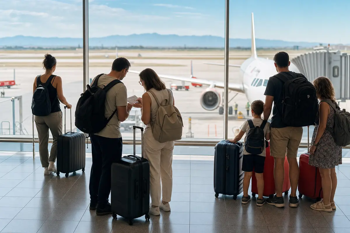 Viaggiatori con valigie in un terminal aeroportuale davanti a una vetrata, con aereo parcheggiato sul piazzale