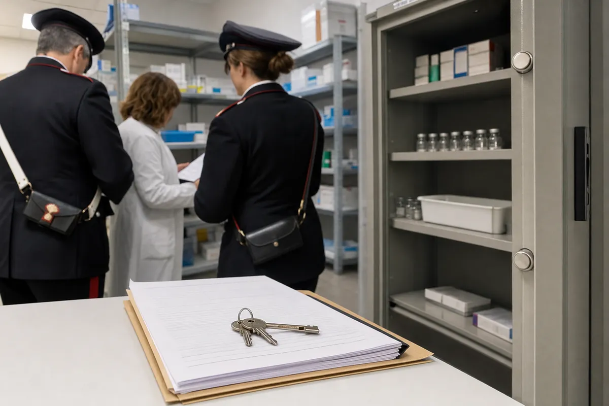 Ispezione in una farmacia ospedaliera con armadio blindato aperto, chiavi e registri su una scrivania