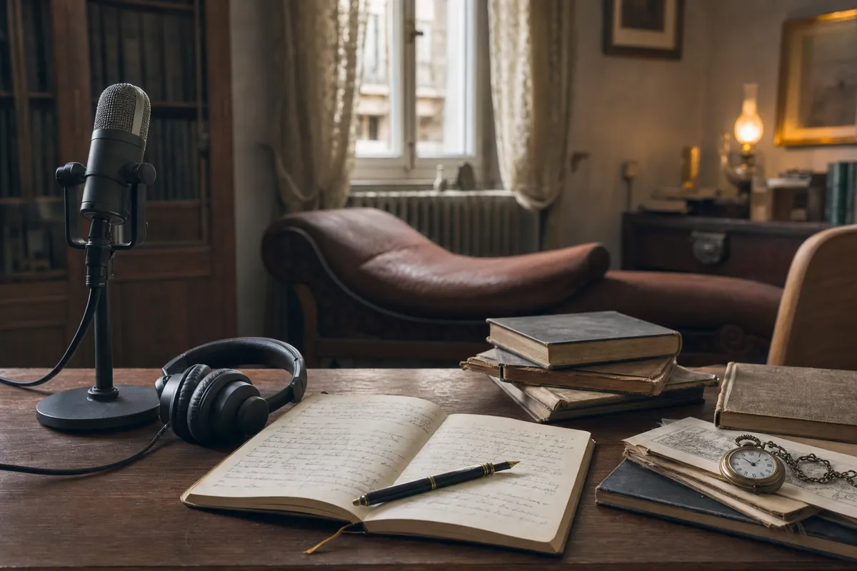 Microfono e cuffie su una scrivania con taccuino aperto, libri e orologio da tasca, con divano sullo sfondo