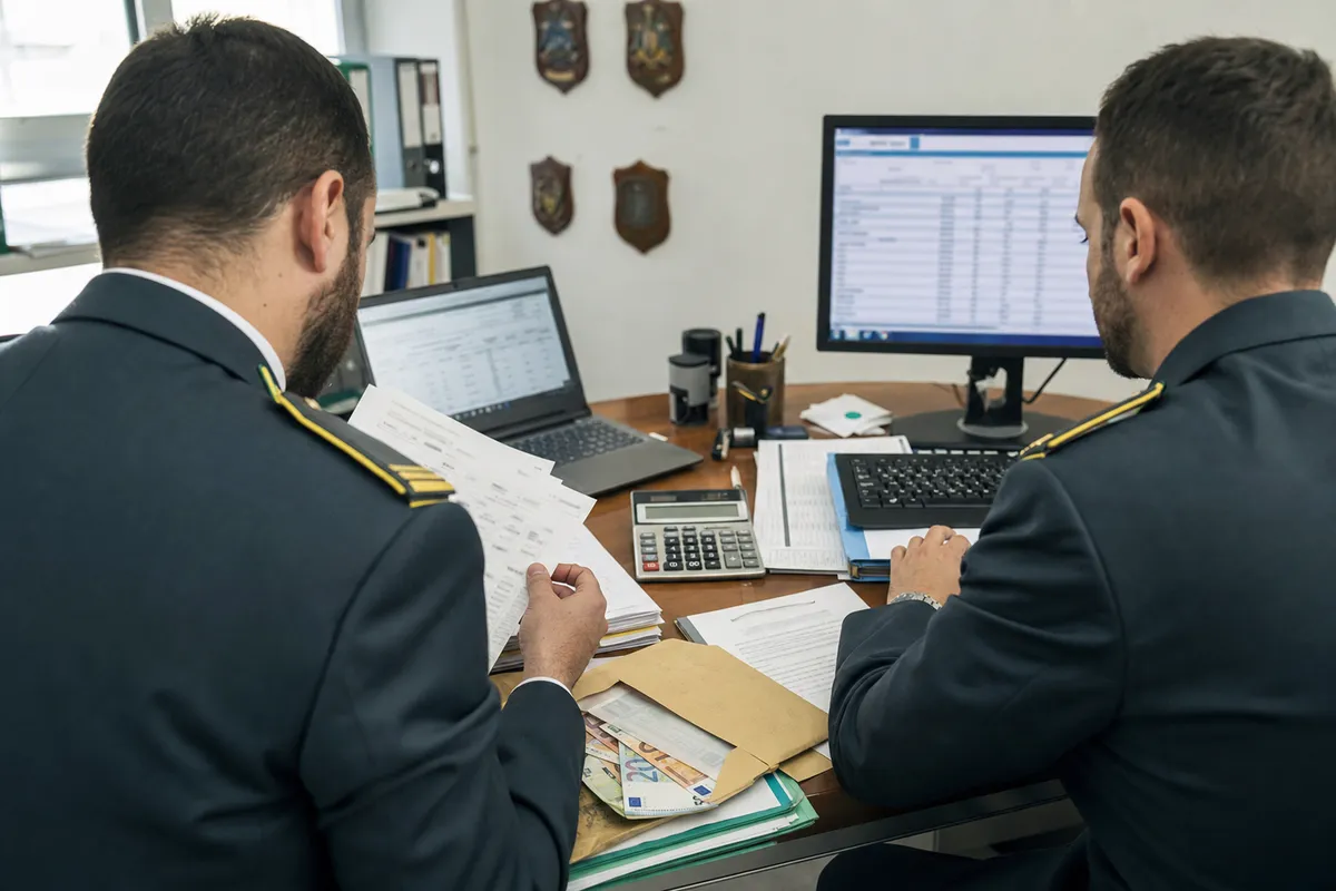 Due investigatori in divisa esaminano documenti e dati su laptop e monitor in un ufficio, con calcolatrice e busta con