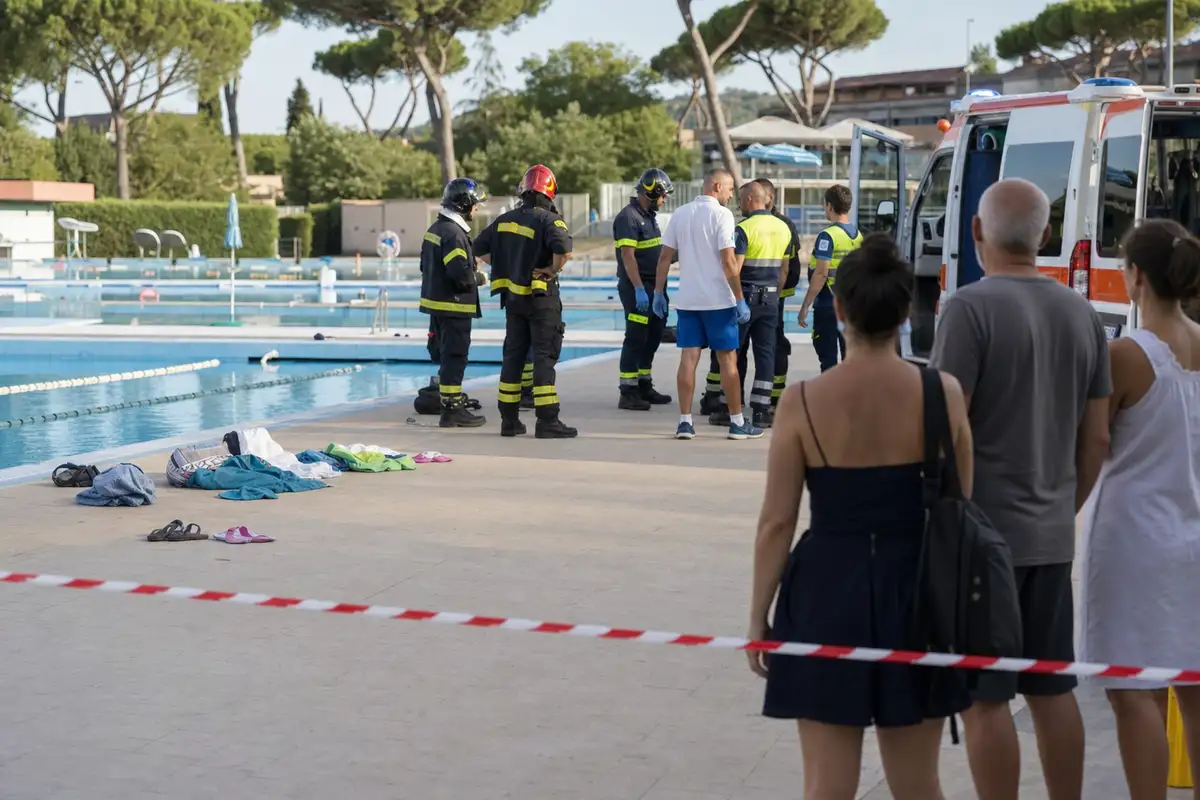 Vigili del fuoco e soccorritori vicino a una piscina evacuata, con ambulanza e nastro di sicurezza