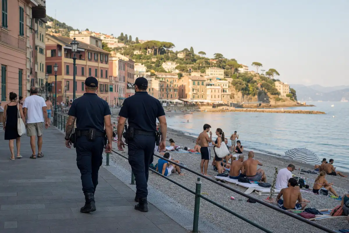 Due addetti alla vigilanza in divisa camminano sul lungomare accanto a una spiaggia affollata in una località ligure