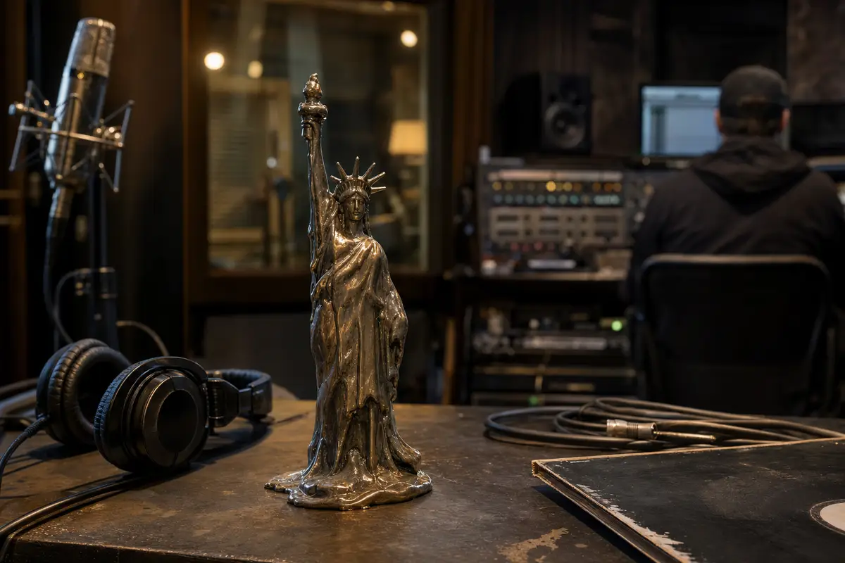Statuetta metallica della Statua della Libertà deformata su un tavolo in studio, con cuffie, microfono e cavi