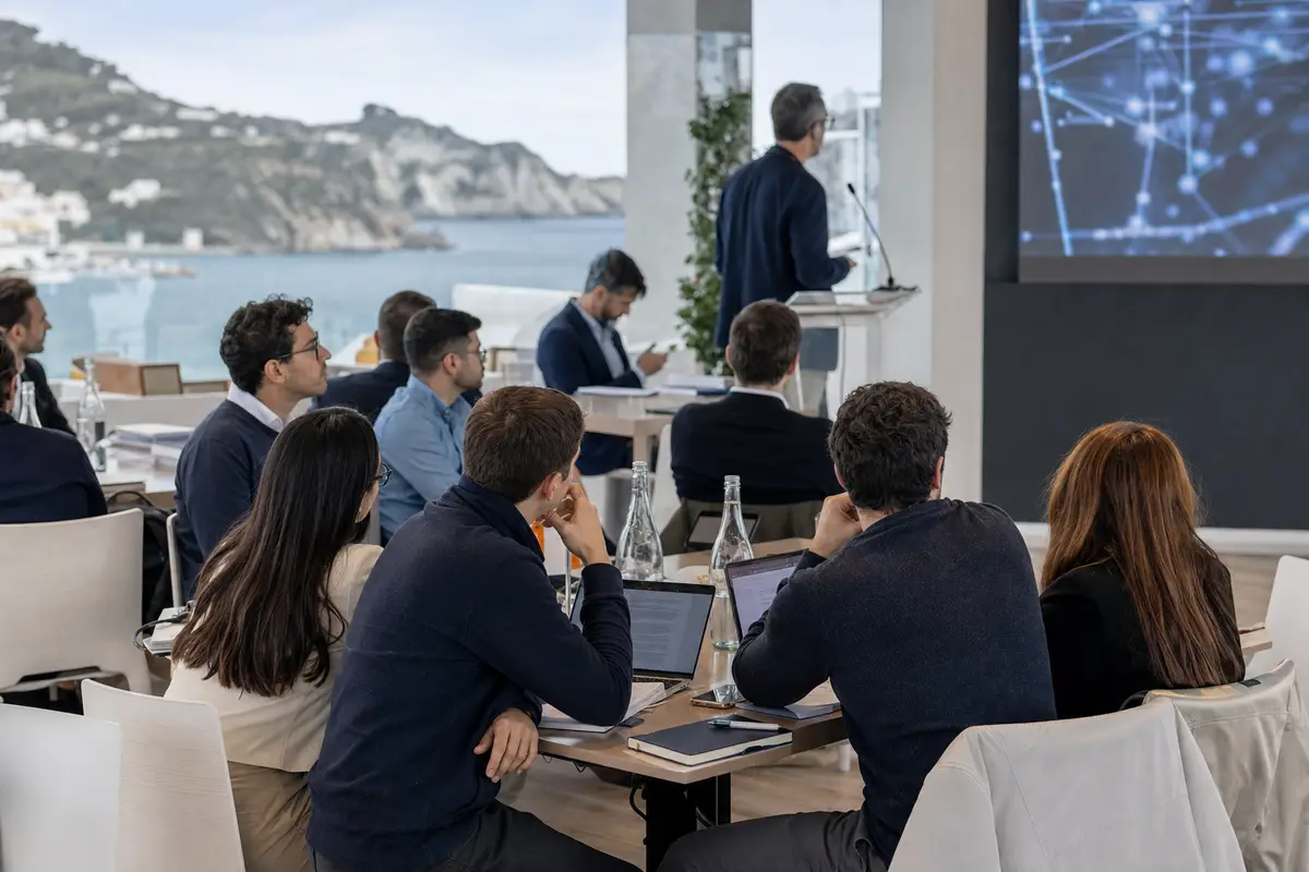 Partecipanti a un convegno con laptop ascoltano un relatore, con vista sul mare e schermata di rete digitale