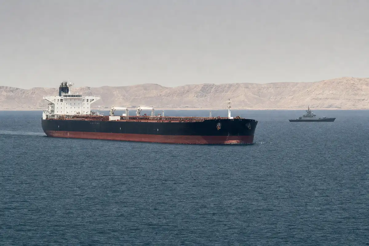 Petroliera in navigazione in un corridoio marittimo con costa arida sullo sfondo e nave militare in lontananza