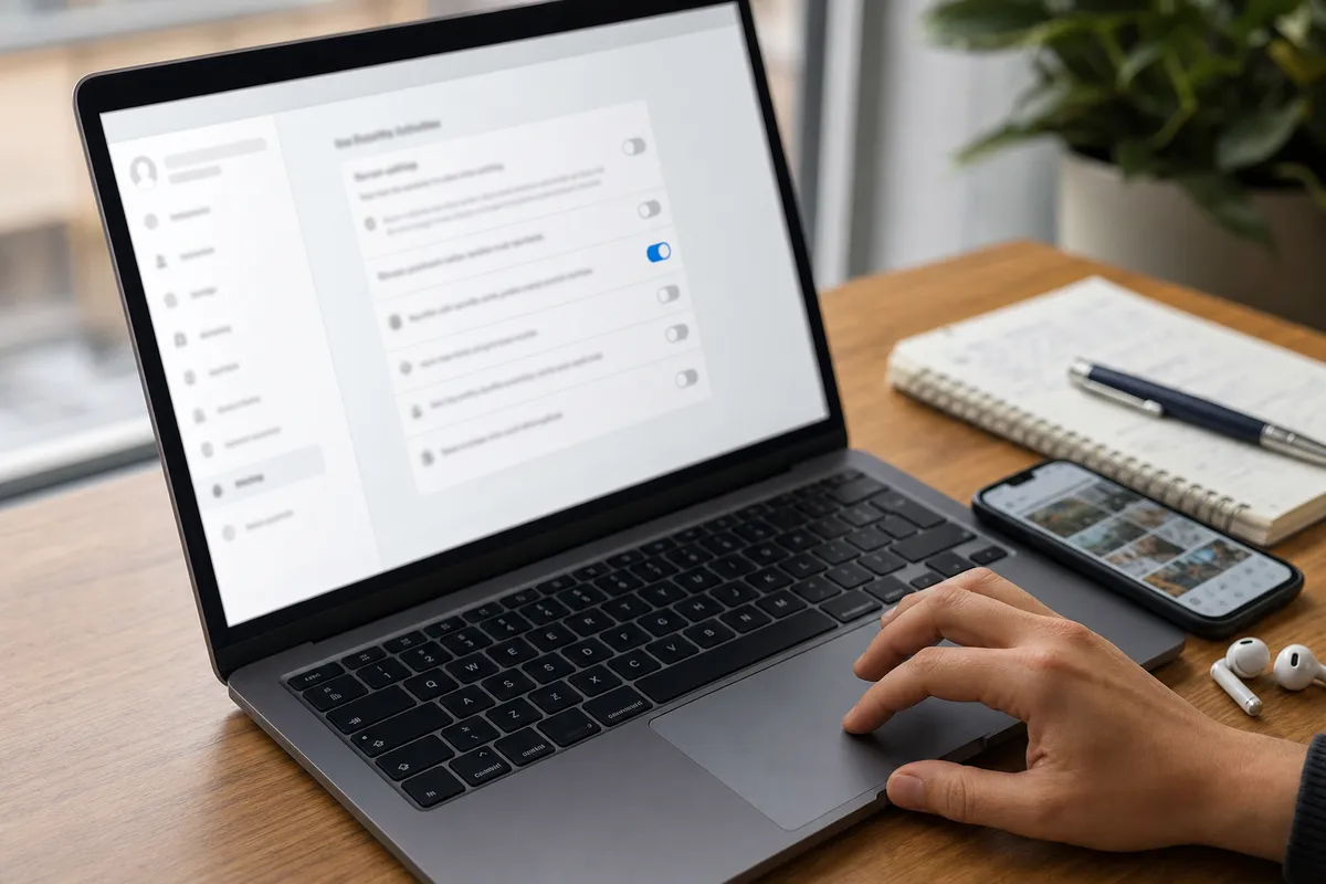 Mano su laptop con pagina di impostazioni privacy e interruttori, smartphone e auricolari su una scrivania