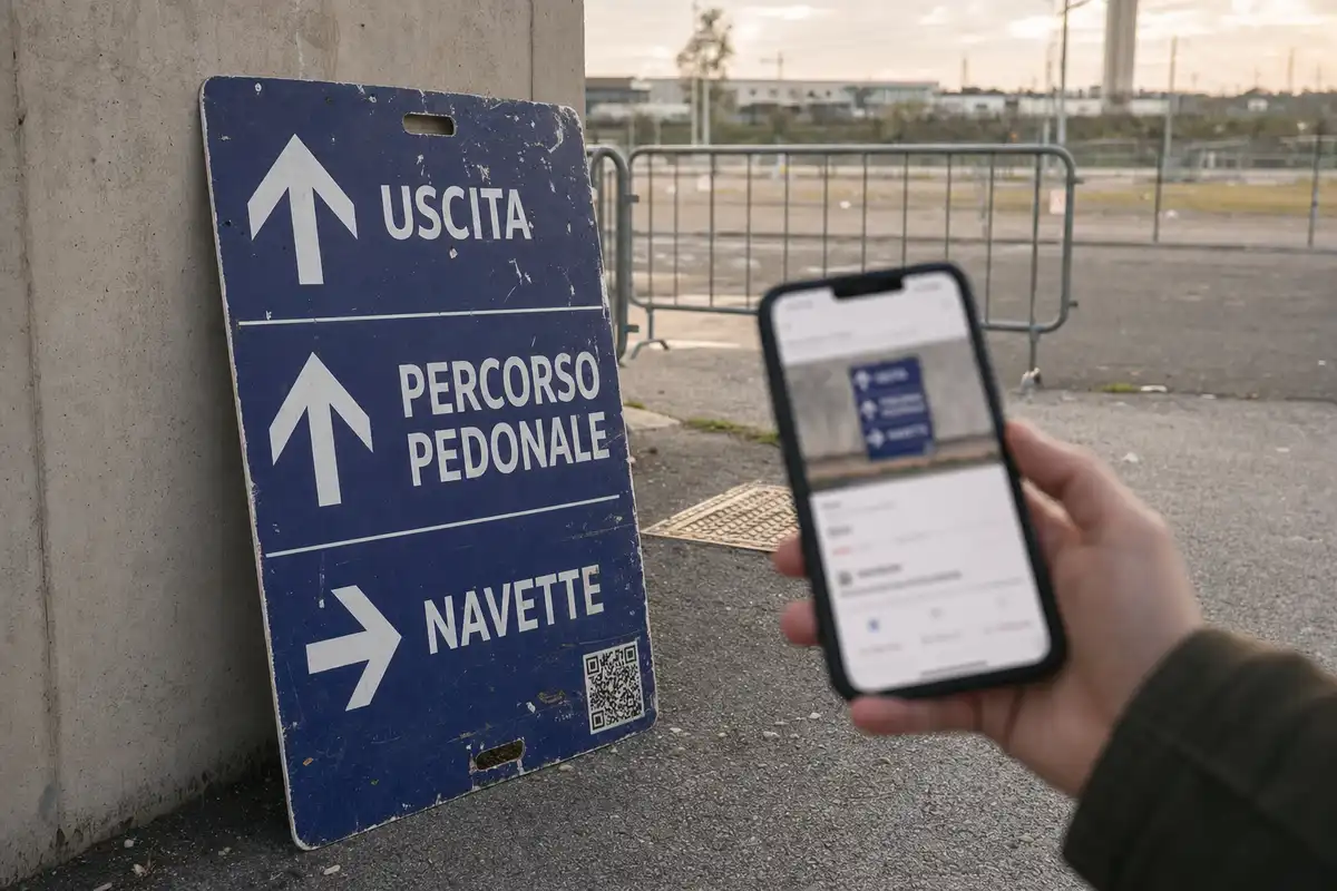 Cartello segnaletico blu da concerto con scritte “Uscita”, “Percorso pedonale” e “Navette”, accanto a uno smartphone