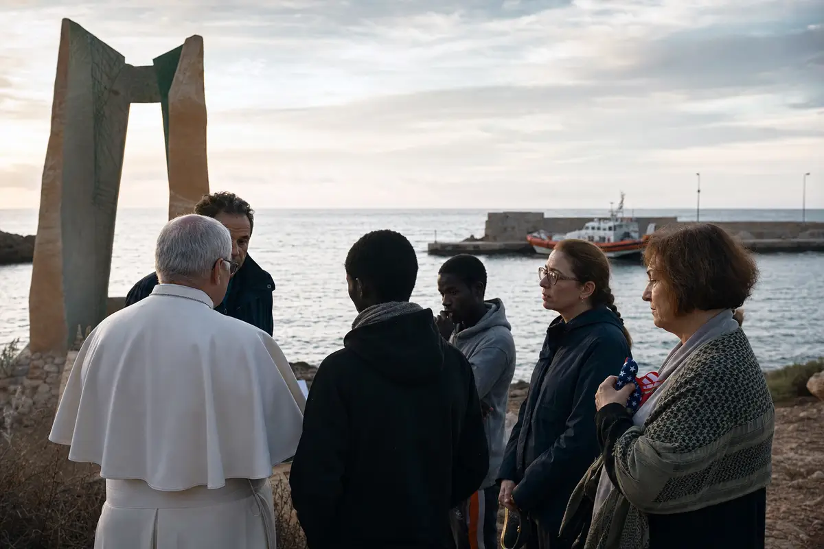 Gruppo in silenzio sul lungomare con religioso in abito bianco, monumento e porto sullo sfondo a Lampedusa