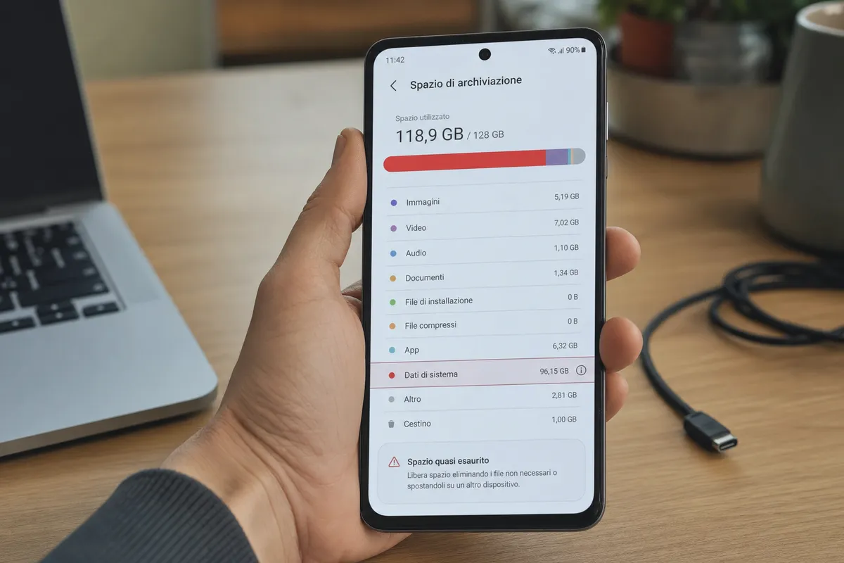 Mano che tiene uno smartphone con schermata “Spazio di archiviazione” quasi piena e voce “Dati di sistema” elevata