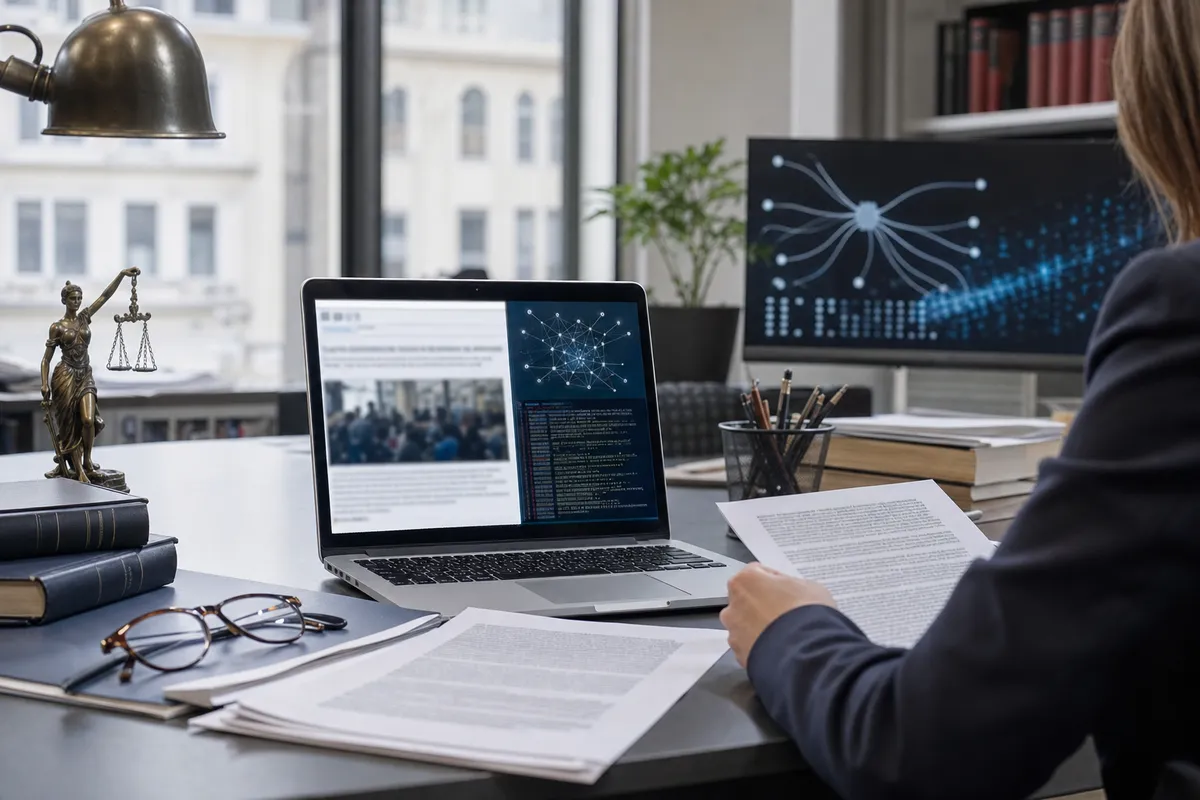Scrivania con laptop, documenti legali e schermo con diagramma di rete, durante una revisione in ufficio