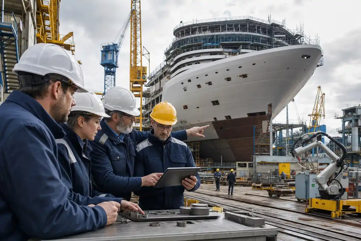 Tecnici in cantiere navale con caschi di sicurezza consultano un tablet davanti alla prua di una nave da crociera in
