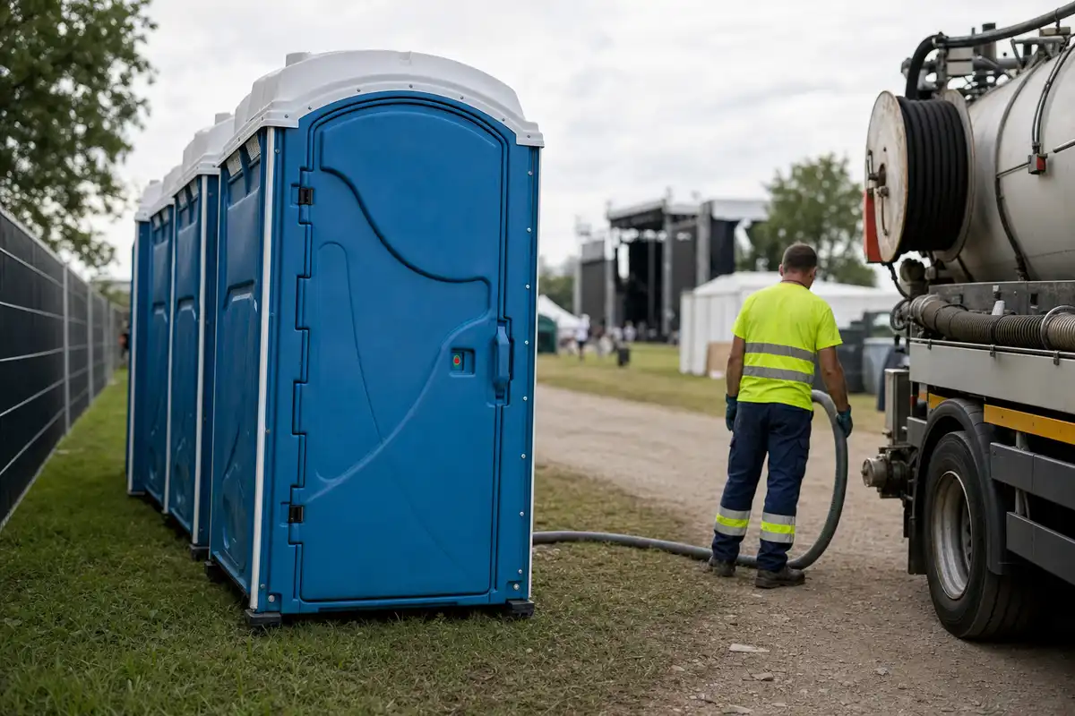 Fila di bagni chimici blu in un’area eventi, con operatore e camion di spurgo sullo sfondo