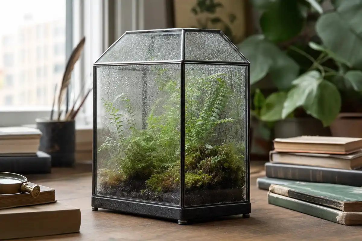 Terrarium in vetro con felci e muschio, appoggiato su una scrivania vicino a una finestra, con condensa sui vetri