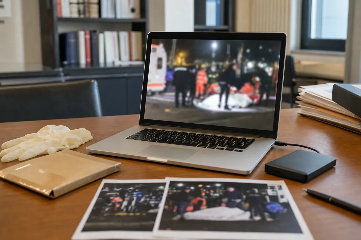 Laptop su una scrivania con fotogramma sfocato di un intervento di soccorso, guanti e documenti