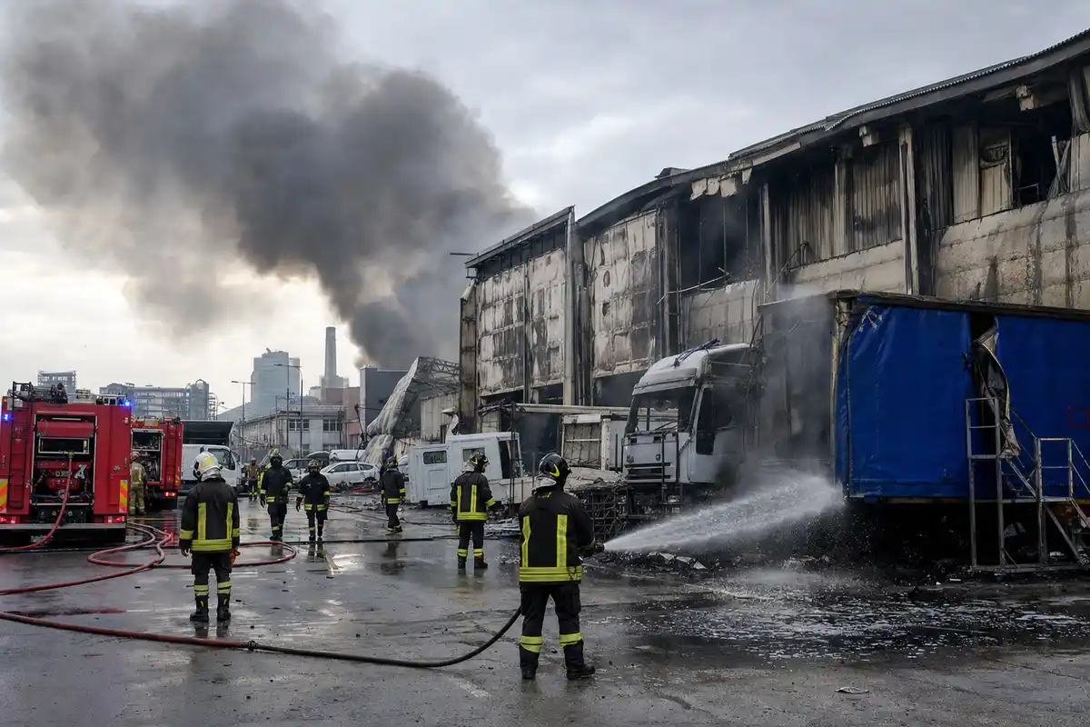 Vigili del fuoco spengono i focolai in un deposito logistico bruciato, con fumo nero e camion danneggiati