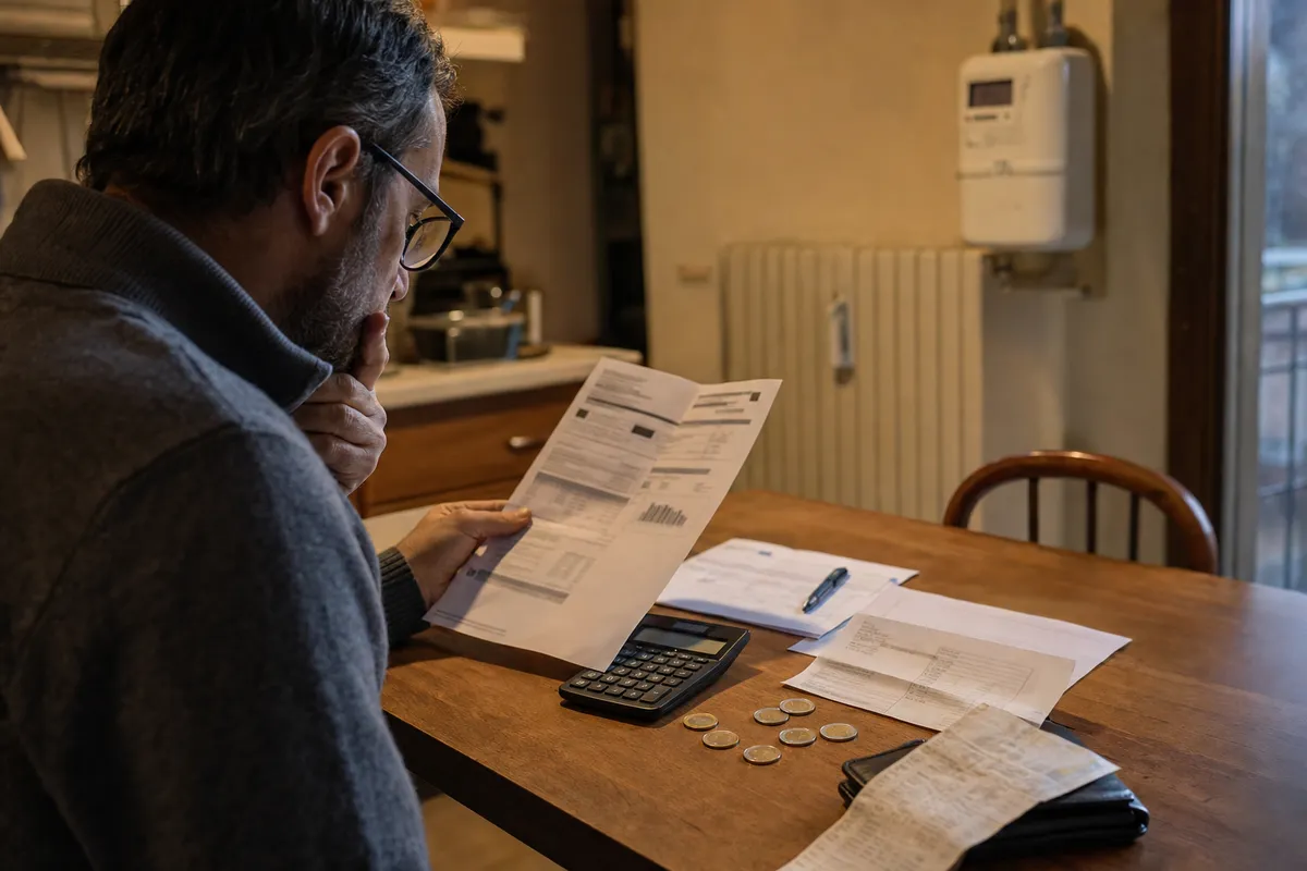 Uomo seduto al tavolo di cucina che controlla bollette e documenti con calcolatrice e monete in euro